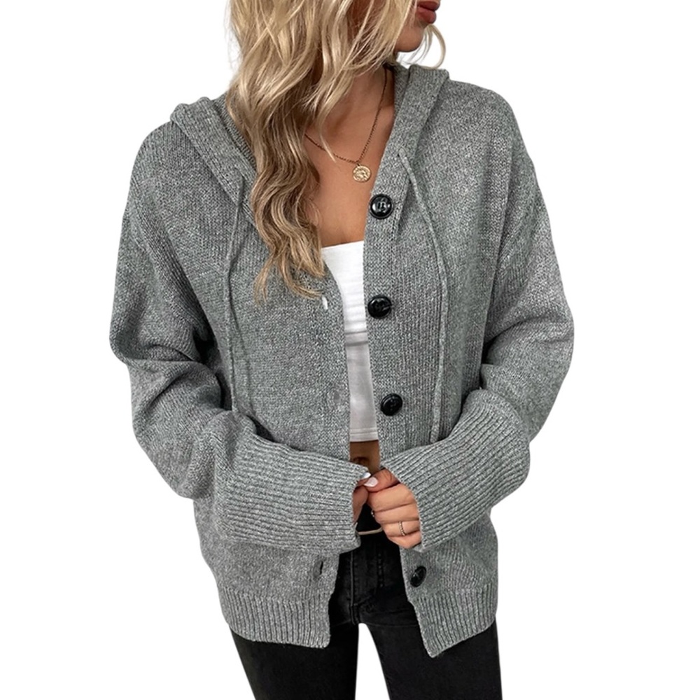 Commense Gray Hooded Button Front Knit Cardigan Drawstring NWT XS Comfy